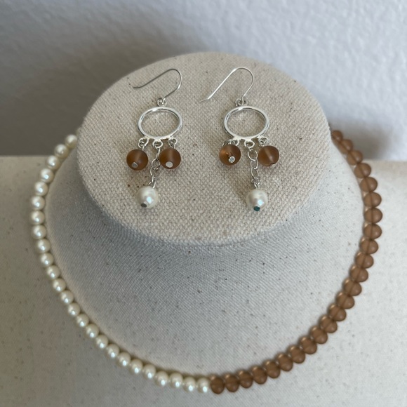 Sterling Silver Fresh water Pearl & Swarovski Crystal Necklace & earrings set.
